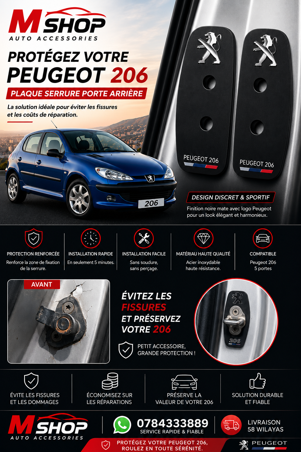Plaque serreur porte peugeot 206