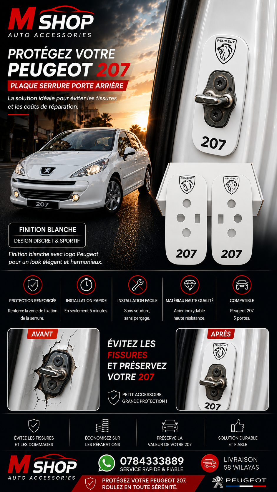 Plaque serrure port Peugeot 207