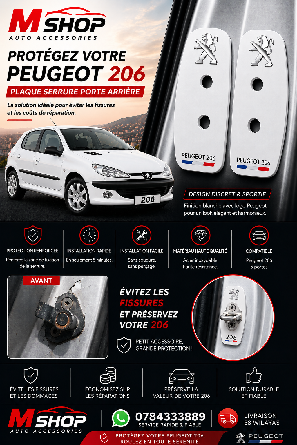 Plaque serreur porte peugeot 206