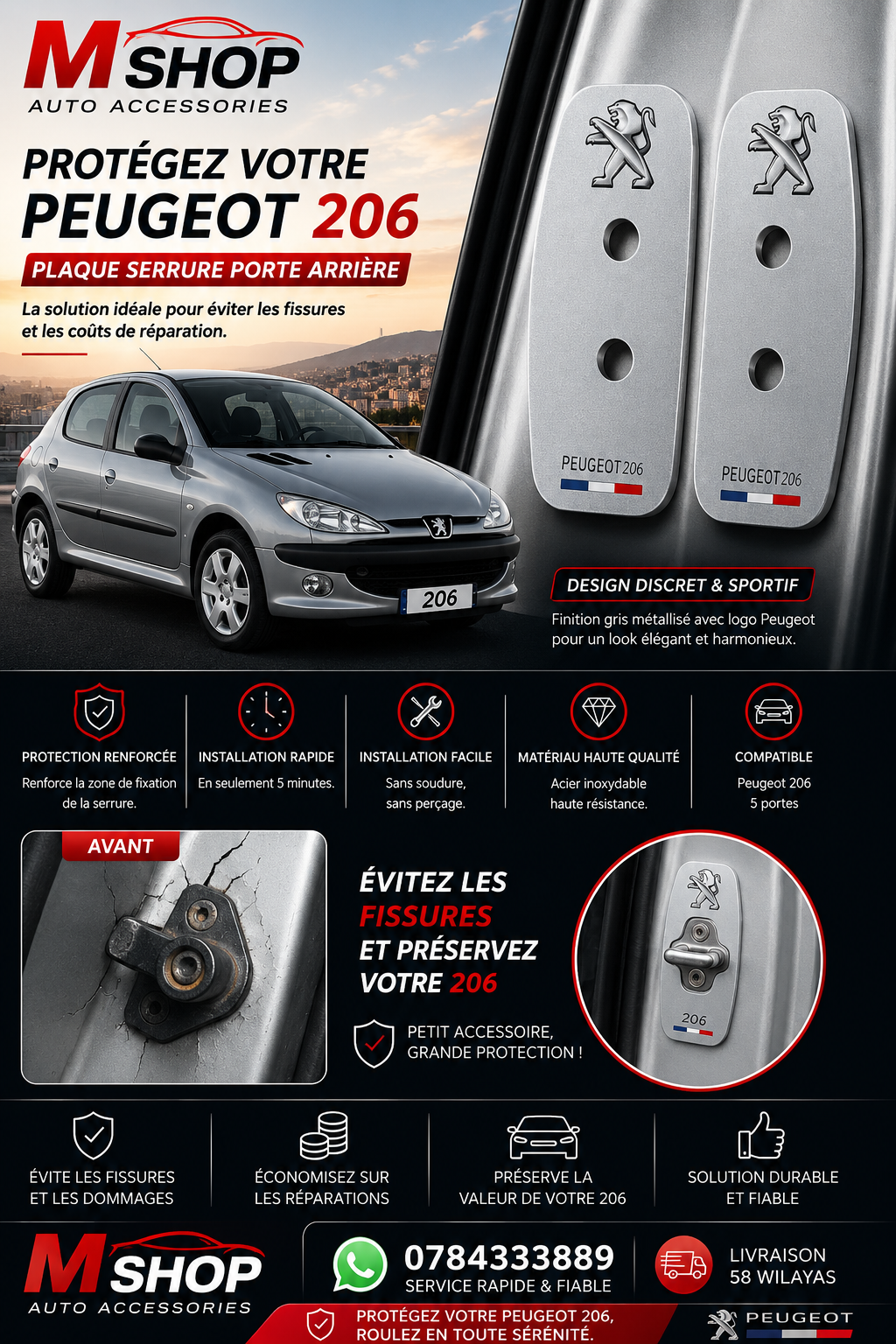 Plaque serreur porte peugeot 206